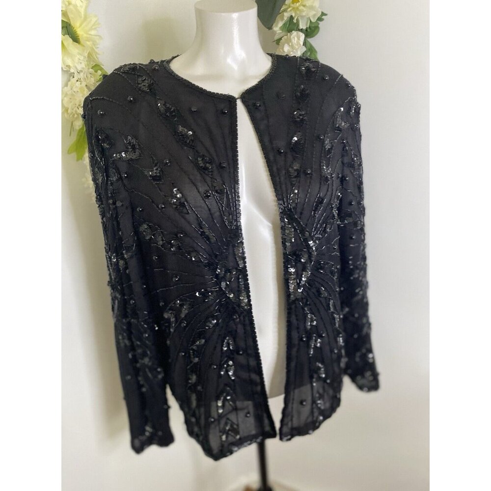 Vintage Black Swee Lo Womens Jacket Sequin Top Party Disco 80s‎ Glam Dynasty XL - Picture 3 of 16